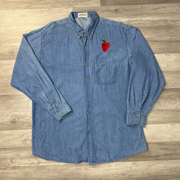 Vintage Tops - Vintage 90s Denim Jean Long Sleeve Button Front Shirt SZ XL Apple Patch Teacher